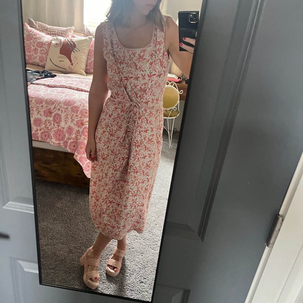 Vintage 90s Floral Linen Midi Dress - Field Gear Size Medium